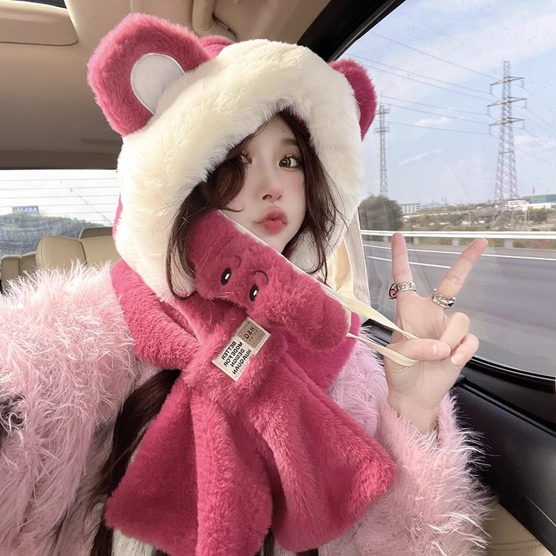 Winter Trapper Hat - Cute Bear Hat Scarf Integrated Hat
