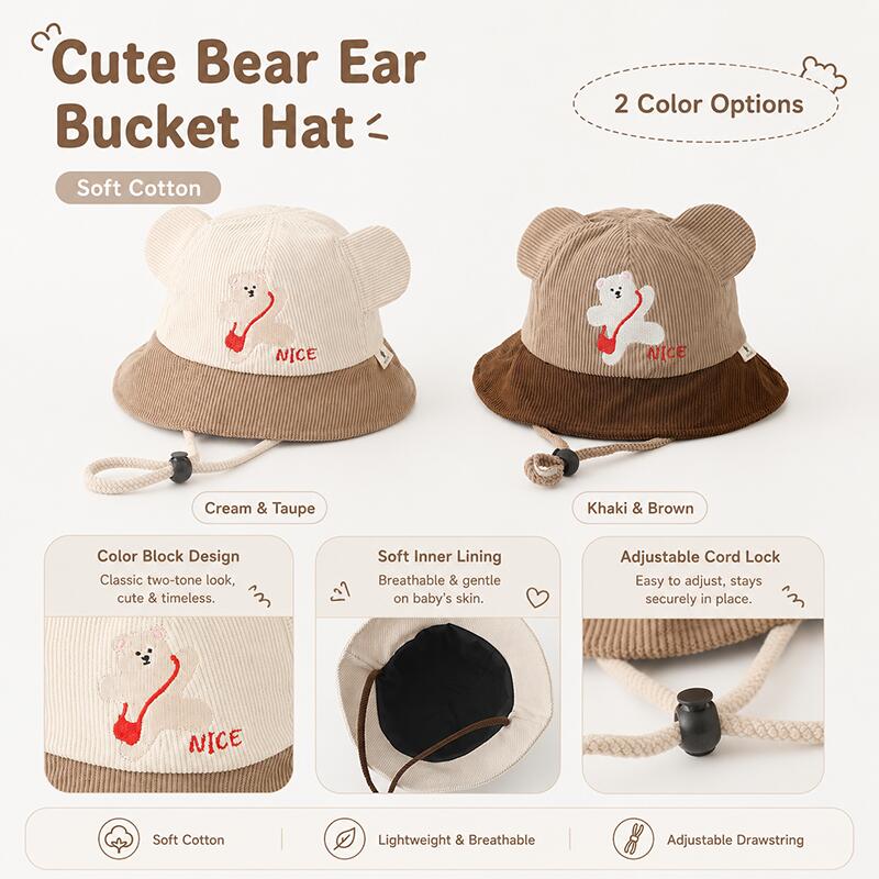 Kids Bear Ear Bucket Hat Soft  - đánh giá và giá Bucket Hat Cotton